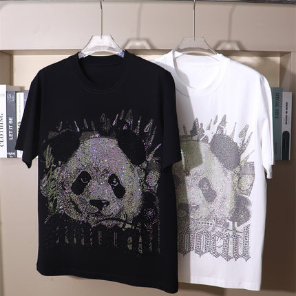 Punk Costume Cool Personality Heavy Trendy Brand Hot Drilling Panda Carto Bear Wide Short-sleeved T-shirt Fat Plus Size