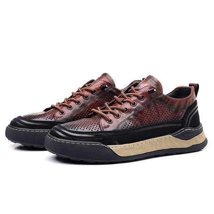 Men's Board Shoes Casual Leather Shoes Men's Summer Hollow Breathable Leather Sandals Real Cowhide sneaker Youth Shoes Black