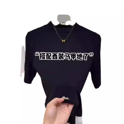 Half Turtleneck Mid-Sleeve T-Shirt for Women Spring & Fall New Suit with Bottoming Shirt Slimming Look Elastic Versatile Three-Quarter Sleeve Top