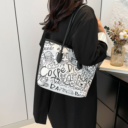 Graffiti Canvas Bag Women's 2025 Summer New Casual Shoulder Bag Large Capacity Student Class Commuting Tote Bag