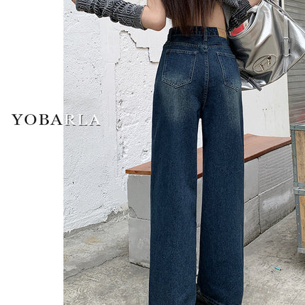 Blue-Gray Straight-Leg Loose Jeans 2025 New Women's Spring and Autumn Pear-Shaped Figure Slim Wide-Leg Pants