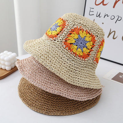 Trendy Floral Woven Straw Hat Summer Sun Protection Sunshade Fisherman Hat Foldable Wide Brim Face-Slimming Beach Vacation