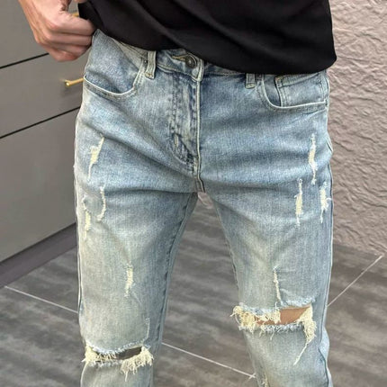 Trendy Ripped Light Blue Skinny Cropped Jeans for Men, Summer New Style, Versatile for Young Students