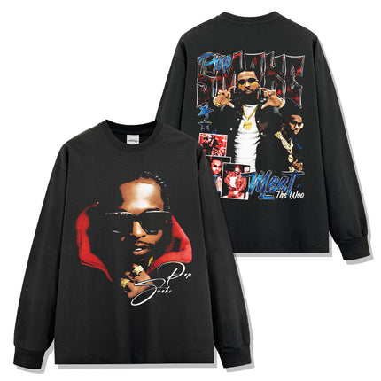 Cross-border American Hip-hop Smoke Pop Smoke Printed Short-sleeved T-shirt Washed Long-sleeved Loose Hooded Sweat for Men