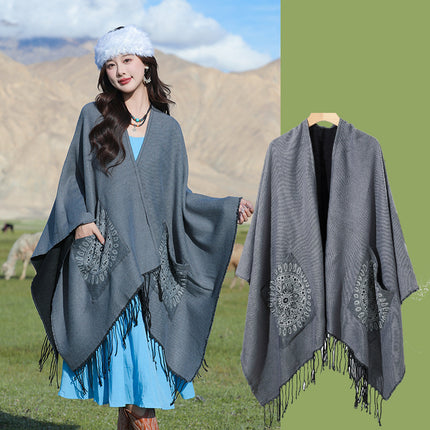 Xinjiang Xizang Travel Photo Split Pocket Ethnic Scarf Women's Dual-use Warm Outer Cape Cape Shawl