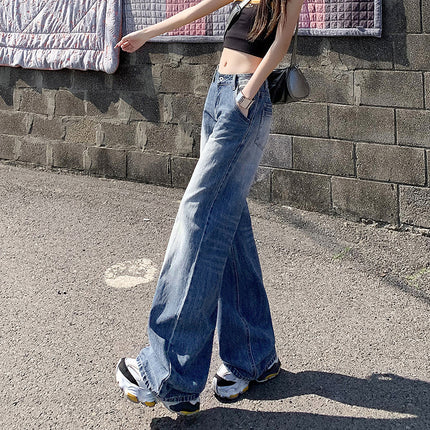 Vintage Blue Narrow Wide-Leg Jeans for Women 2025 Summer New High-Waisted Loose Slimming Draped Straight-Leg Floor-Length Pants