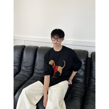Air Layer Skin-Friendly Dachshund Towel Embroidered Short-Sleeved T-Shirt for Men and Women Summer Heavy Cotton Couple Half-Sleeved T-Shirt