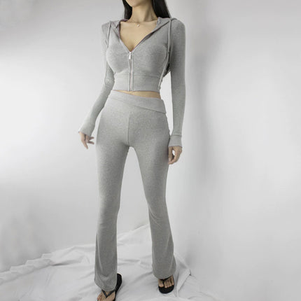 South Korea Dongdaemun slim-fit sexy figure-flattering sports suit women's hooded zipper short coat + flared pants