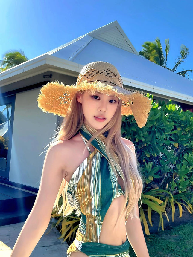 American Retro High-End One-Piece Green Corrugated Cross Halterneck Sexy Bikini Island Resort Hot Spring Swimsuit for Women