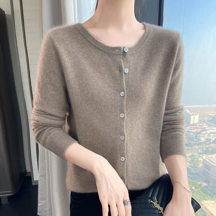 2025 Spring and Autumn New Round Neck Cashmere Knitted Cardigan Women's Loose All-match Sweater Coat Long Sleeve Soft Waxy Top