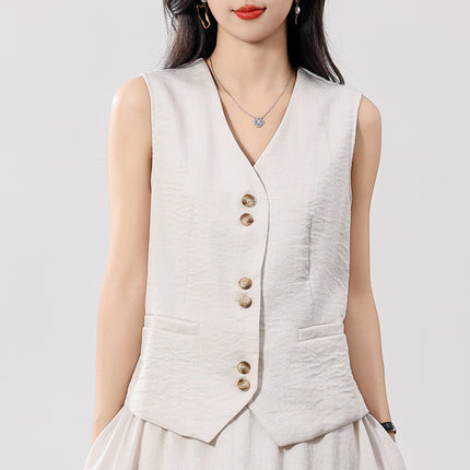 Linen V Neck Vest Cardigan for Women 2025 Summer New Pure Color Sleeveless with Pockets Layered Loose Waistcoat Top