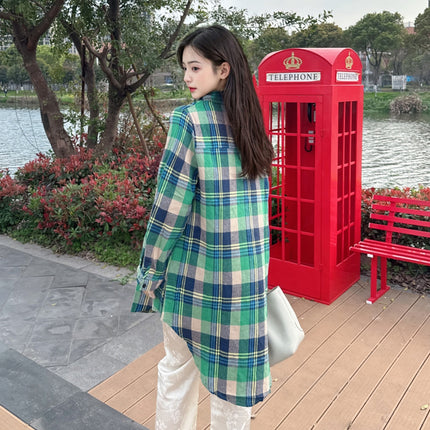 Cotton Linen Shirt Women's Mid-length Spring and Summer Vintage Thin Coat Loose Green Plaid Shirt Design Chic Top