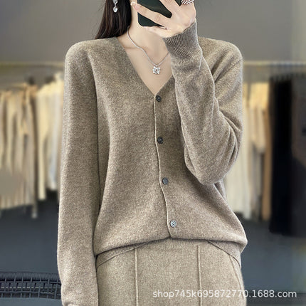 V-Neck Wool Knitwear for Women, Ready-Made Thin Autumn and Winter Work Clothing Slimming Look Elegant with 100% Wool Cardigan
