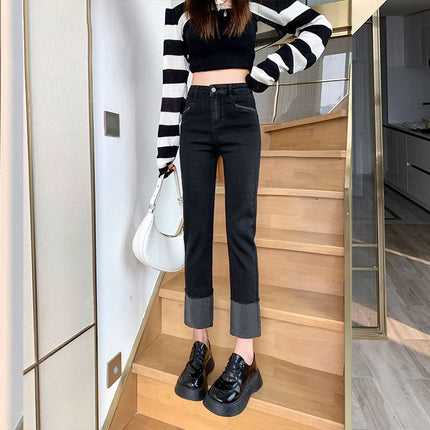 Black pipe pants women's autumn and winter 2023 new slimming high waist jeans small curling cropped straight pants