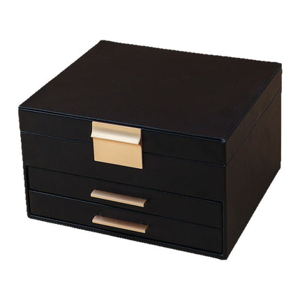 Cross-border PU three-layer cosmetic mirror with LED light high-end jewelry box earring ring necklace bracelet princess jewelry box