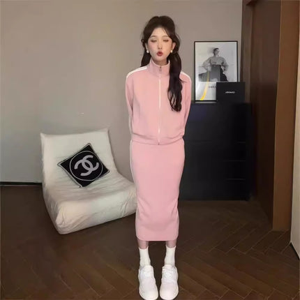 Real Shot 2025 Spring and Autumn Baseball Suit Coat Women's Ribbon Contrast Color Zipper Coat Women's Medium-length Dress Slim-fit Fashion Women