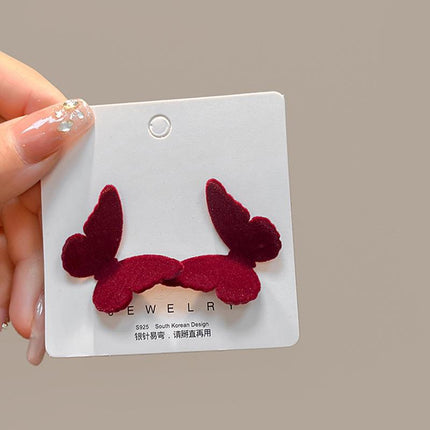 925 Silver New Wine Red Flocking Earrings Elegant Atmosphere Bow Rose New Year Spring Festival Chinese Style Earrings