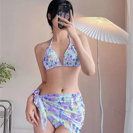 Floral Small Fresh Color Printed Pleated Bikini Chest Pad Small Chest Gathering Hot Spring Seaside Holiday Swimsuit Women