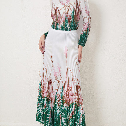 Miyake Stretch Print Long-sleeved Top suit Women's European and American Fashion High Waist Draped Skirt Two-piece Set