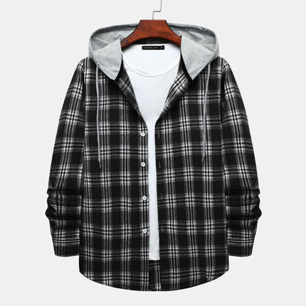 Cross-border Hooded Plaid Shirt Men's 2024 Foreign Trade Autumn Harajuku Style Plaid Hooded Shirt Men's Hong Kong Style Casual Shirt