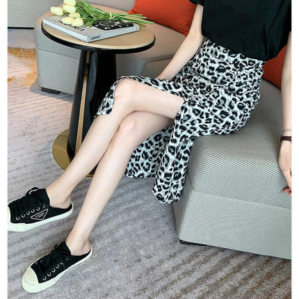 Slit Leopard Print Skirt Women's Summer 2021 New High Waist Slim Smocked Floral A-line Mid-length Hip Skirt