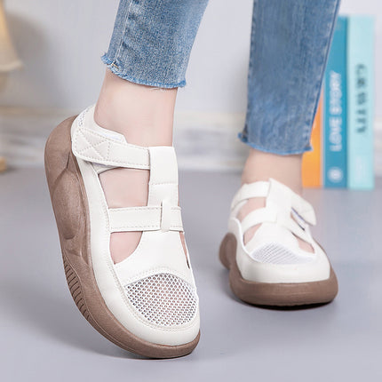 2026 Summer New Versatile White Shoes for Women, Hollow Anti-Slip Velcro Casual Shoes, Breathable Mesh Thick-Soled Sandals