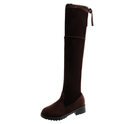 Over-the-knee boots women's plus size stitching high boots 2024 autumn and winter black suede elastic boots suede thick heel thin boots
