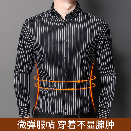 Winter New Elastic Warm One-piece Velvet Casual Men's Shirt Business Cold-proof fleece-lined Striped Shirt for Middle-aged and Elderly