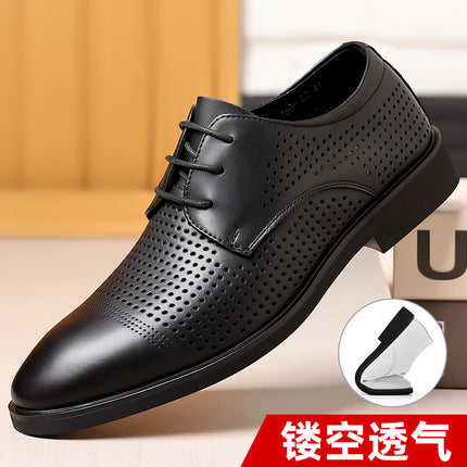 Men's Summer Leather Shoes, Hollow Breathable Large Size Men's Shoes, Soft Leather Business Formal Wear, Hole-In-The-Wall Leather Shoes, Men's Inner Height Increasing Shoes