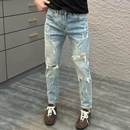 Trendy Ripped Light Blue Skinny Cropped Jeans for Men, Summer New Style, Versatile for Young Students