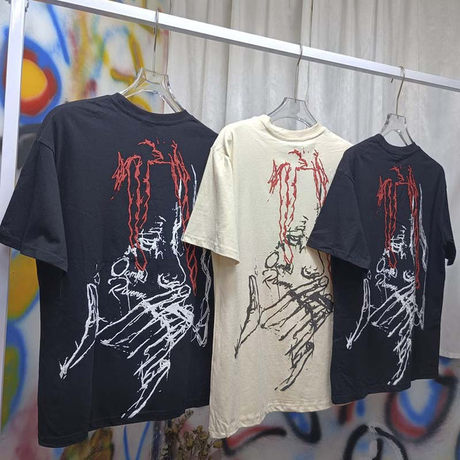 Meichao High Street REVENGE Sketch Smoking Figure Printed Round Neck Short Sleeve Foaming Pattern T-shirt Men's and Women's Summer Fashion