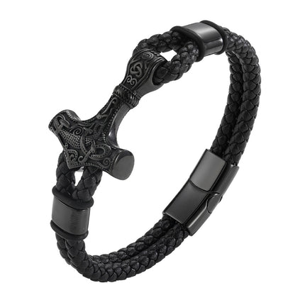 European and American Cross-border Hot Sale Thor's Hammer Woven Viking Jewelry Cowhide Rope Bracelet Stainless Steel Magnetic Buckle Bracelet