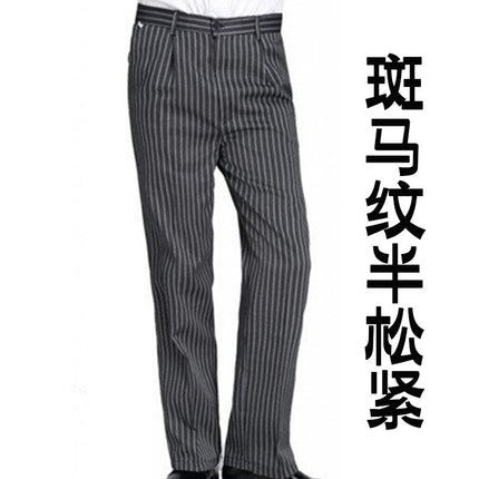 Wholesale Spot Hotel Restaurant Striped Chef Work Pants Elastic Band Elastic Black Waiter Overalls Customized