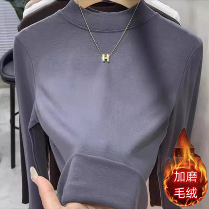 2025 Autumn and Winter New Style Plus Brushed Inner Small Stand-Up Collar Pure Color Simple Versatile Slimming Look Half Turtleneck Bottoming T-Shirt for Women
