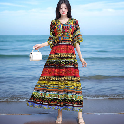 Amazon Cotton Silk Beach Dress Ethnic Style Large Swing Dress V-Neck Mid-Sleeve Dress Embroidered Vintage Floral Long Dress