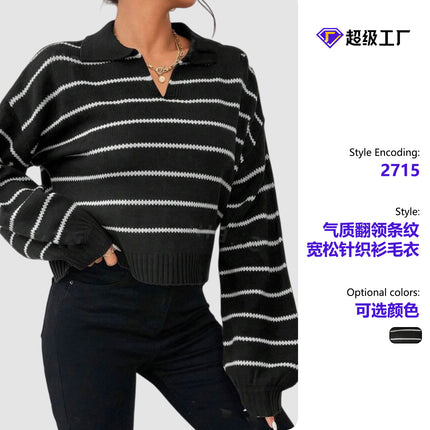 Temperament Lapel Stripesd European and American Cross-Border Versatile New Cross-Border Women's Clothing Shein Loose Knitwear Knitwear Top