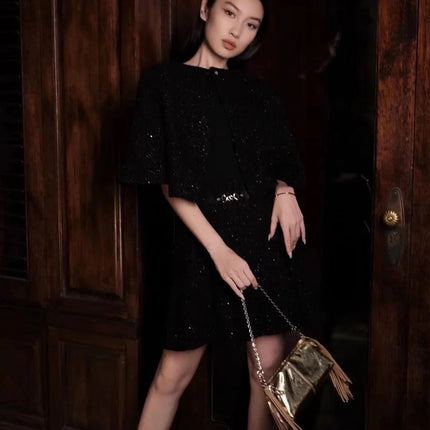 M Home~2025 Spring Sequined French Black Cropped Jacket with Vest Dress Small Fragrant Style Suit Short Style