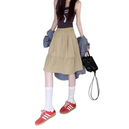 Cross-Border College Style Khaki Skirt 2025 Spring New Design Age-Reducing Japanese Style Flap Pocket Pants Mid-Skirt A-Line Skirt