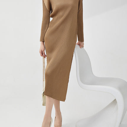 Early Autumn Women's Loose Long-sleeved All-match Fish-scale Pleated Miyake dress Western-style High-end Long Dress Elegant Base Dress