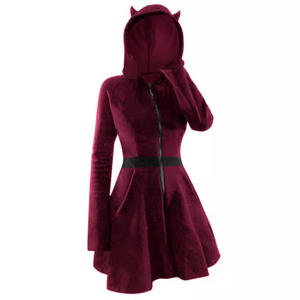 European and American Stitching Women's Gothic-style Hooded Long-sleeved Golden Velvet Cat Ear Slim-fit dress Dress plus size Women's Dress