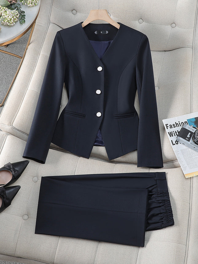 Cross-Border Black Chanel-Style Suit Set for Women, New Spring and Autumn Style, Beauty Salon Hotel Front Desk Receptionist Work Uniform Suit