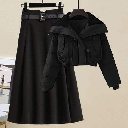 Winter wear small cotton-padded jacket coat with a set of new autumn and winter thick wool skirt two-piece suit