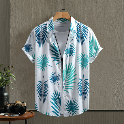 Hawaii vacation men's light green palm leaf men's short sleeve shirt men's shirt summer 2025 new cross-border