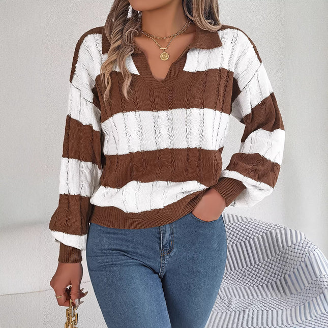 Clearance Sale Autumn and Winter Casual V-Neck Color-Blocked Cable Knit Lantern Sleeve Pullover Sweater Independent Cross-Border European and American Women's Fashion