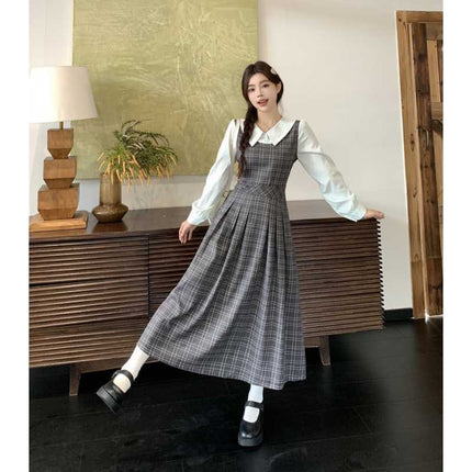 Real Shot~2025 Autum Plus Size Fat mm Slimming Look Color Matching Fake Two-Piece Design Long Dress