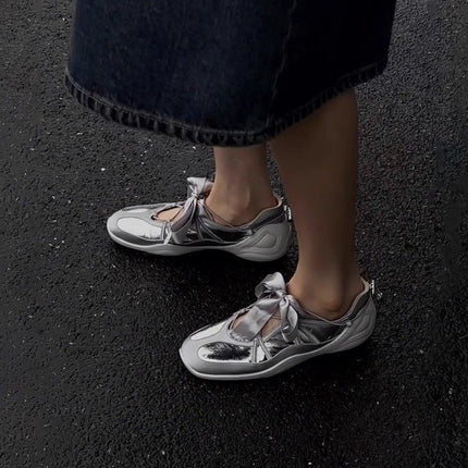 Sheepskin Version ~ Niche Fashion Strappy Ballet Casual Sneakers for Women Thick-Soled Bow Silver Mary Jane Shoes