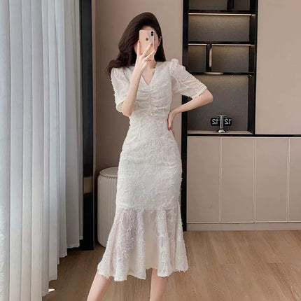 Yujie Fan Long Dress Cross-border 2024 Summer Internet Celebrity Elegant Waist Lace Fishtail Dress Yujie Light Luxury dress