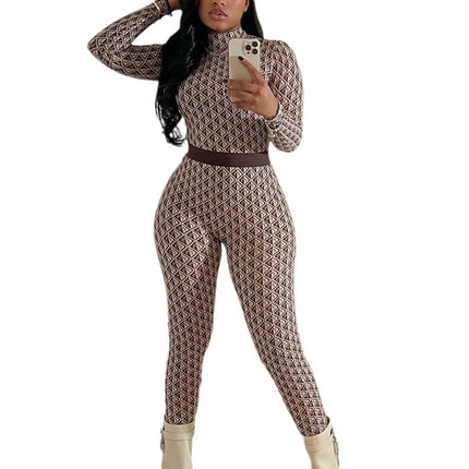 European and American Foreign Trade women's clothing fashion printed Street round neck long-sleeved trousers body pants fitness jumpsuit women's one-piece delivery
