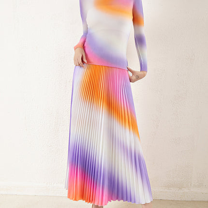 Miyake Style Women's Fashion Two-Piece Set, European Hot-Selling Gradient Age-Reducing Stylish Long-Sleeve Top and Skirt Set