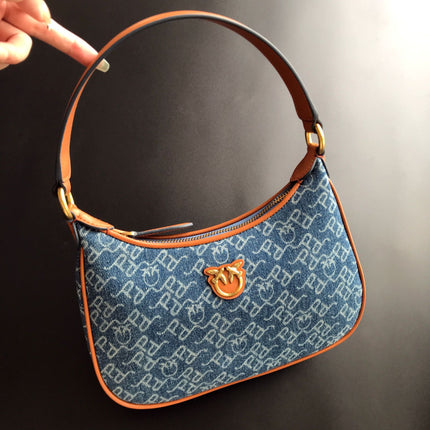 New Pinko Same Style Denim Denim Genuine Leather Swallow Bag Armpit Puff Mini Pillow Bag Chain Women's Bag